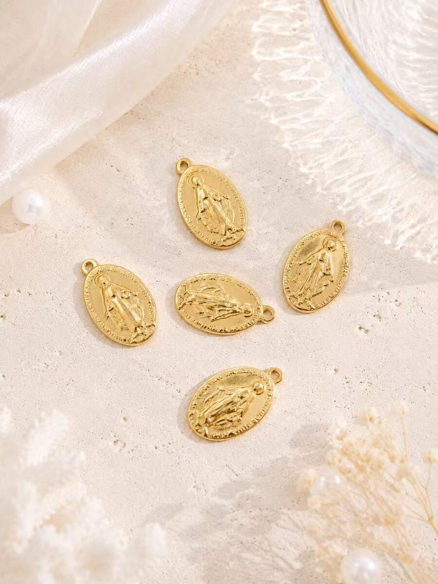 2/5pcs Stainless Steel 18K Gold Plated Vintage Virgin Mary Pendant Set, Retro Fashion Exquisite Versatile Pendant, Handmade Collarbone Chain, Mini Earrings, Daily Commute, Worship Wear Accessories - Multicolor - View 1