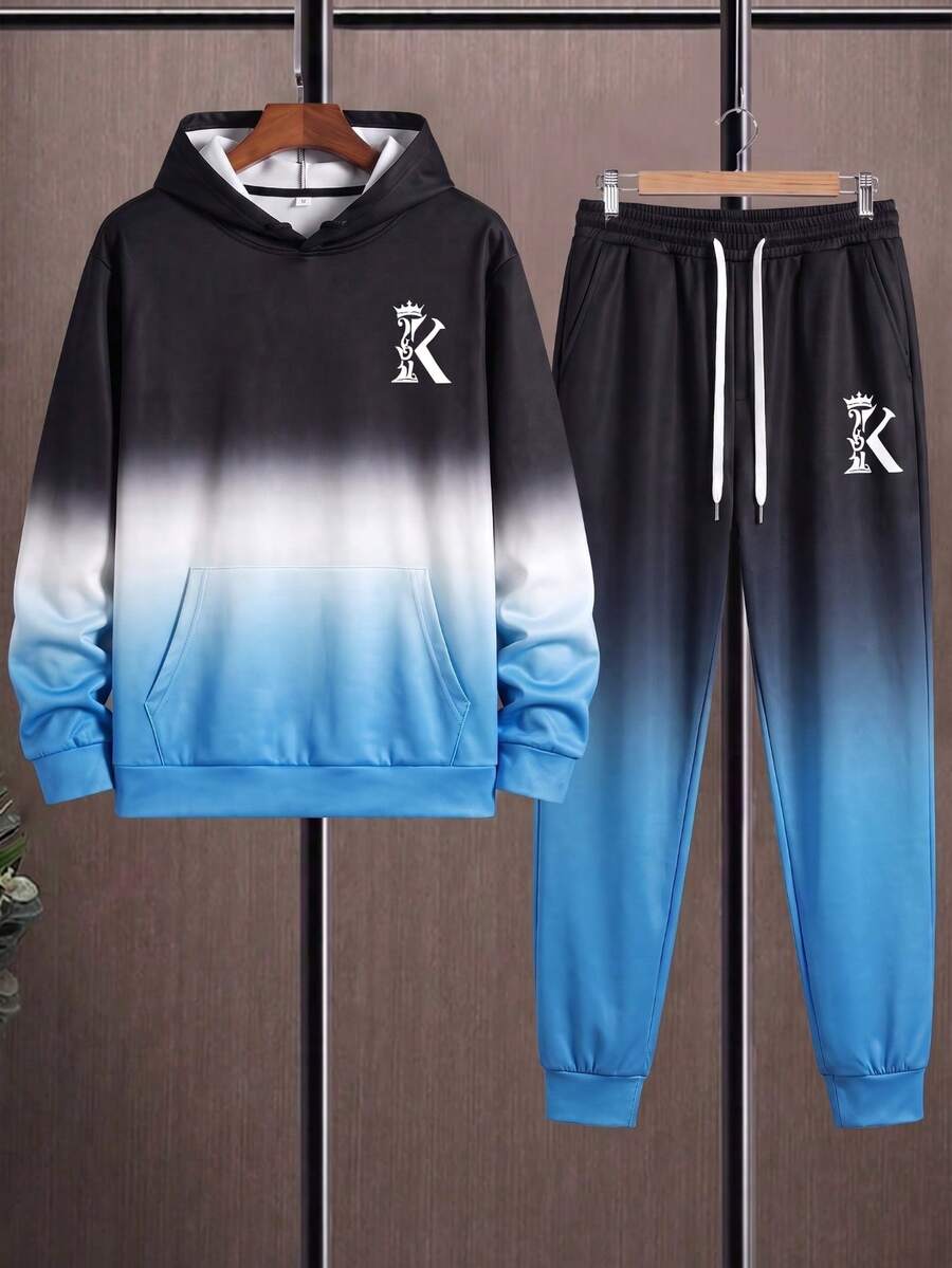 2pcs Plus Size Men's Gradient Print Sportswear Set, Street Casual Style, Suitable For Autumn/Winter Sports/Daily Wear - Multicolor - View 1