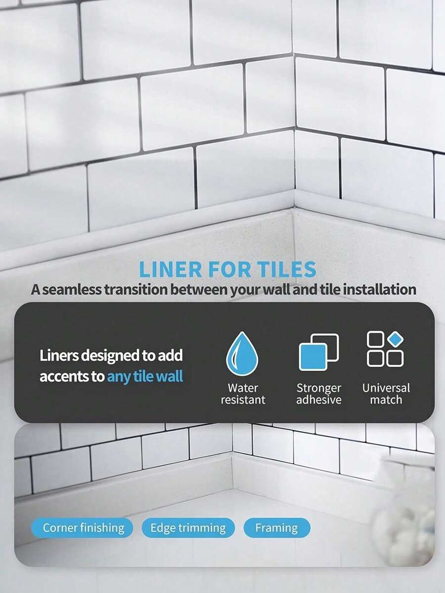 WoStick 1roll Flexible Self-Adhesive Wall Trim Molding Strip, Waterproof PVC Tile Edge Border Sticker, Peel And Stick Decorative Line For Kitchen Bathroom Home Renovation - VS006 White - View 1