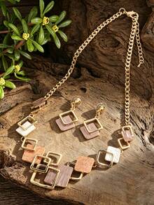 Cring Coco 2pcs/Set Fashion Boho Enamel Geometric Jewelry Set For Woman Accessories Golden Necklace And Earrings Sets Daily Party Vacation Birthday Gift - Geometry - View 9