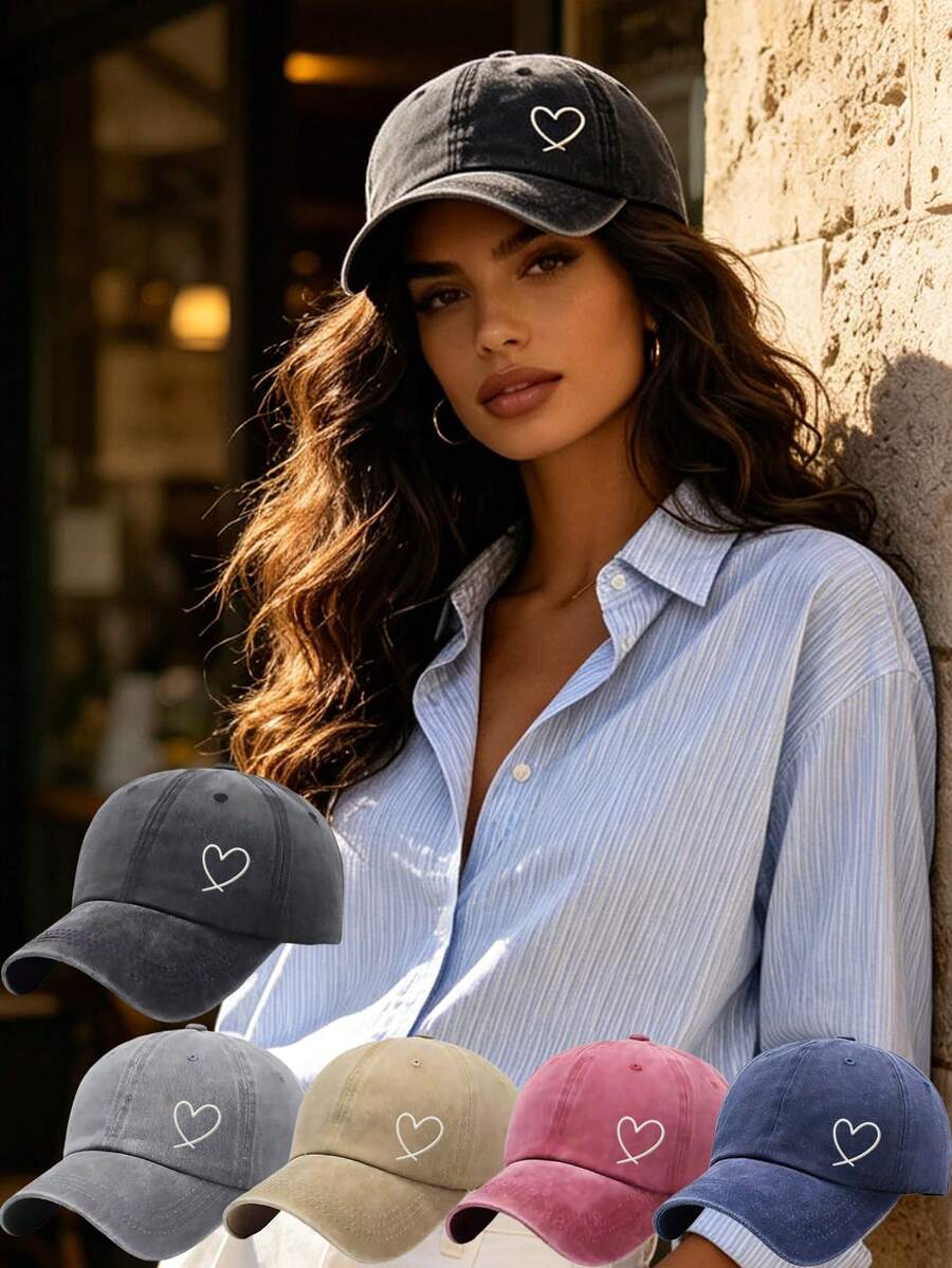 1pc Washed Baseball Cap, Printed With "Heart" Pattern, Adjustable Outdoor Sun Protection Casual Hat, Suitable For Spring/Autumn Travel And Daily Wear - Multicolor - View 1
