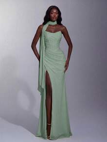 Elegant Heart-Shaped Neckline Ruched Bustier Maxi Dress, High Slit Fitted Mermaid Silhouette Wedding - Mint Green - View 4