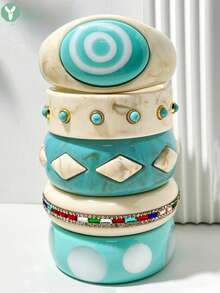 Contrast Marble Pattern Resin Wide Bracelet, Marble Texture Design, Luxury Inlaid Colorful Stones, Thick Exaggerated Niche Design Jewelry Bangle - Multicolor B - View 1