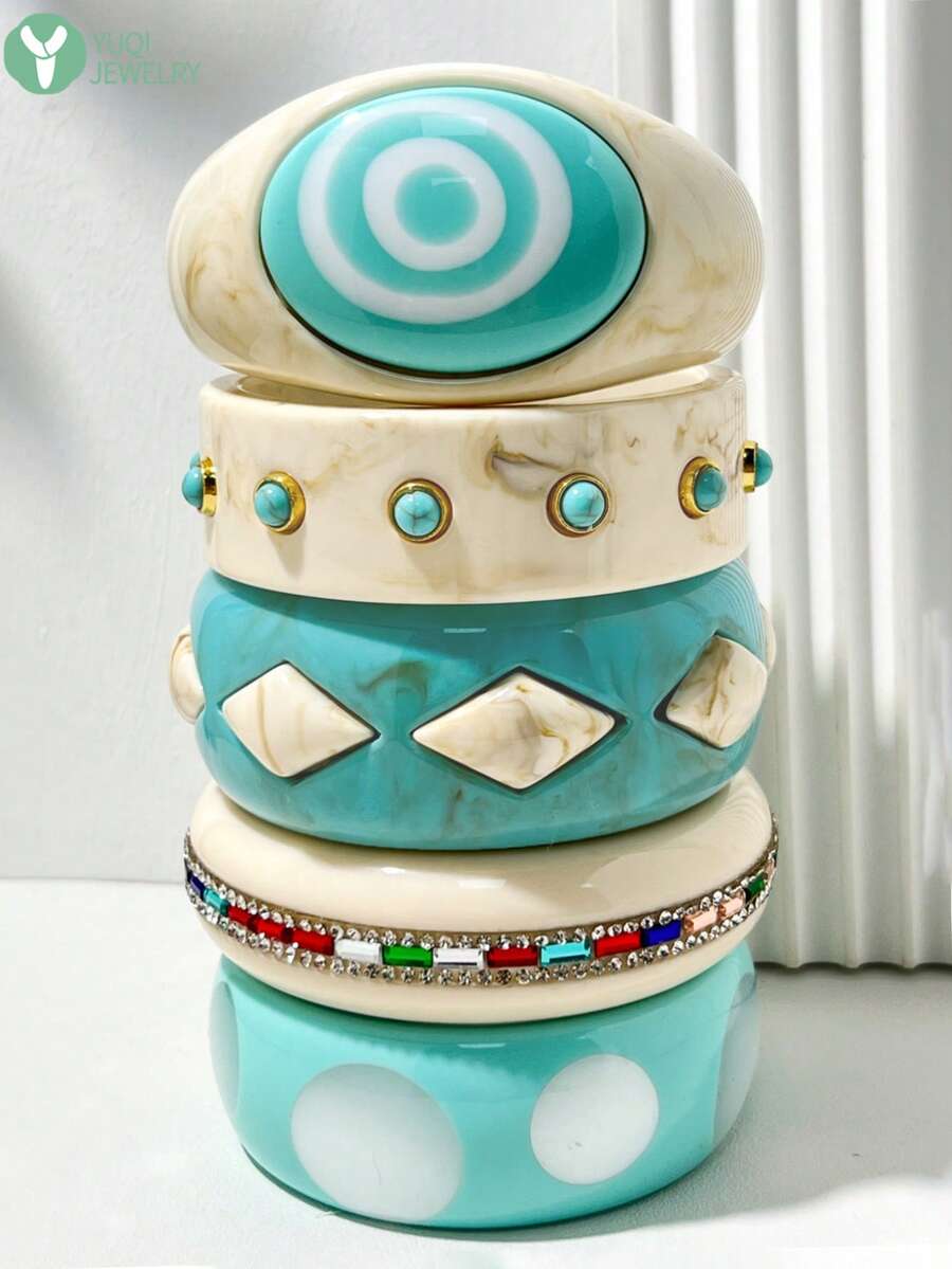 Contrast Marble Pattern Resin Wide Bracelet, Marble Texture Design, Luxury Inlaid Colorful Stones, Thick Exaggerated Niche Design Jewelry Bangle - Multicolor B - View 1
