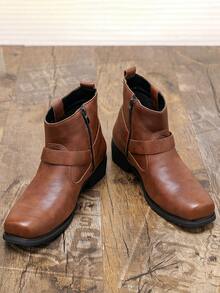 Men's Western Ankle Boots With Buckle And Side Zipper, Vintage Chunky Heel Chelsea Boots For Outdoor, Commute And Style - Brown - View 2