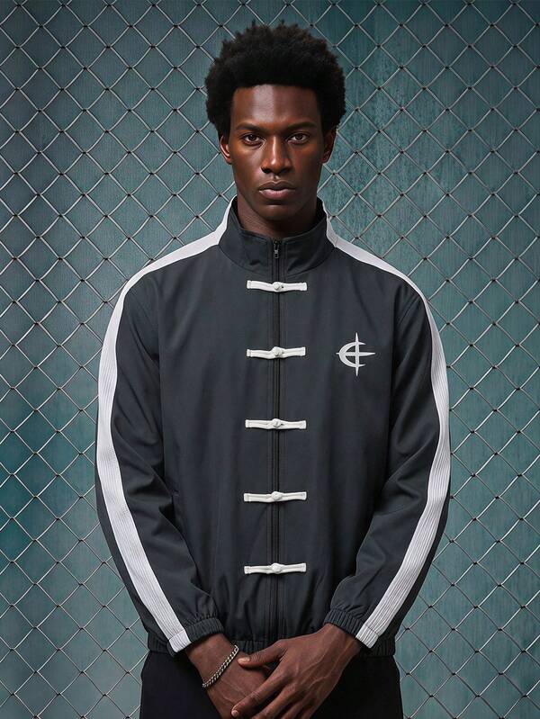 EVRINFINITE Men's Contrast Graphic Print Zip-Up Stand Collar Long Sleeve Jacket Football