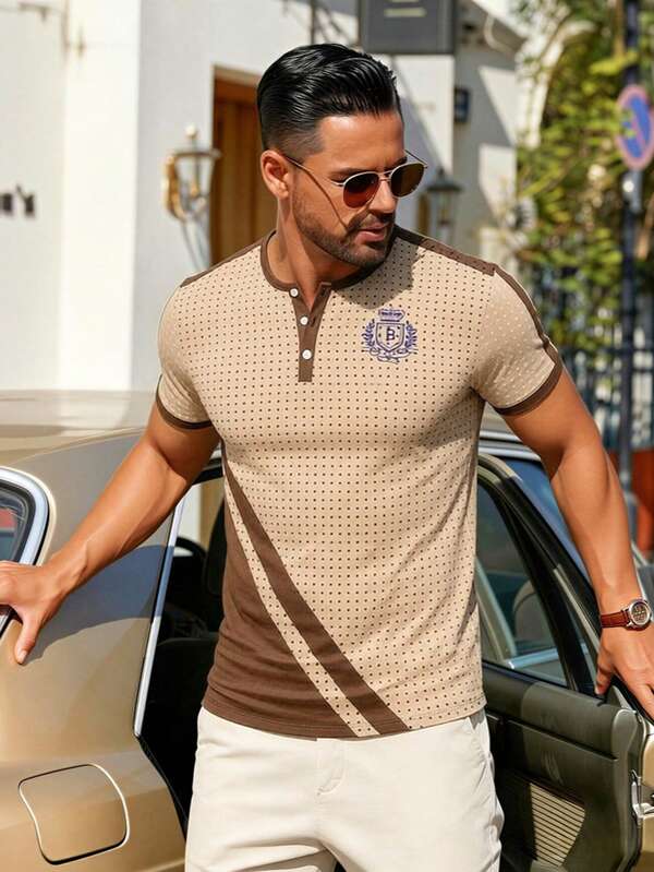 Men's Summer Polka Dot & Striped Print Button Half-Placket Regular Shoulder Short Sleeve T-Shirt