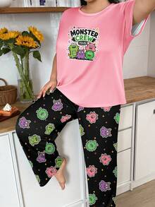 Plus Size Women's Casual Loungewear Pajama Set, Cute Funny Cartoon Monster Dinosaur Print Short Sleeve Top & Long Pants 2 Pieces Set - Pink - View 4