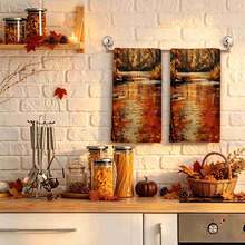 2/4/48pcs Autumn Series Autumn Stream Oil Painting Pattern Printed Kitchen Towels - Super Soft, Highly Absorbent Polyester Tableware And Hand Towels, Perfect For Holiday Decor, Kitchen Decor, Party Decor. - Multicolor - View 3