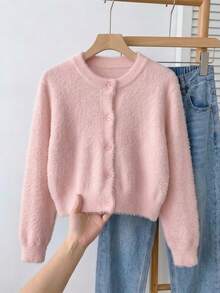 Girls Elegant Solid Color Cardigan Sweater Short Jacket Suitable For Casual Vacation Spring Autumn Winter - Pink - View 3