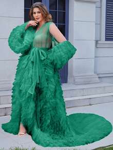 1 Piece Maternity Dresses Pregnant Gown For Photoshoot Christmas Sexy Mesh Fabric Ruffle Hem Wedding Kimono Women Dresses Belt Tie Relax Fit Oversized - 綠色 - 查看 2