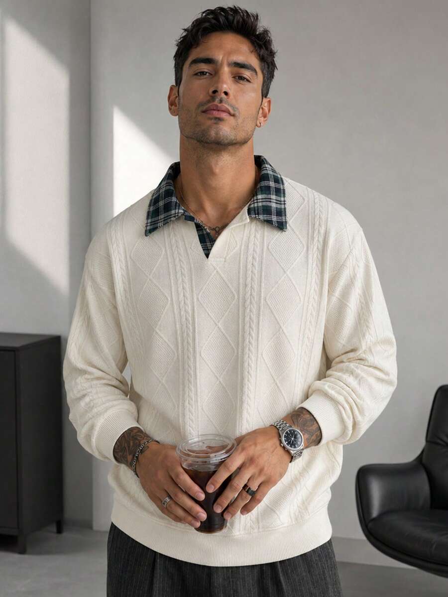 Blueprint Man 1pc Men's Polo Shirt, Apricot 3D Cable Knit Body, Plaid Patchwork Collar, V-Neck Placket, Comfortable Skin-Friendly Soft Anti-Pilling Knit Fabric, Old Money Vintage Casual Style, Spring/Autumn Commute, Shopping, Travel - Apricot - View 1