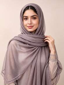 1pc Women's Romantic Lace Trim Headscarf, Bow Ribbon, Lightweight Breathable Soft Scarf, Muslim Islamic Style Daily Wear Hijab Shawl Plaid Sheer Headscarf - Multicolor - View 2