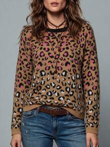 Women's Casual Fall Winter Knit Sweater, Round Neck Long Sleeve Colorful Leopard Print Loose Oversized Pullover For Daily Wear - Leopard - View 6