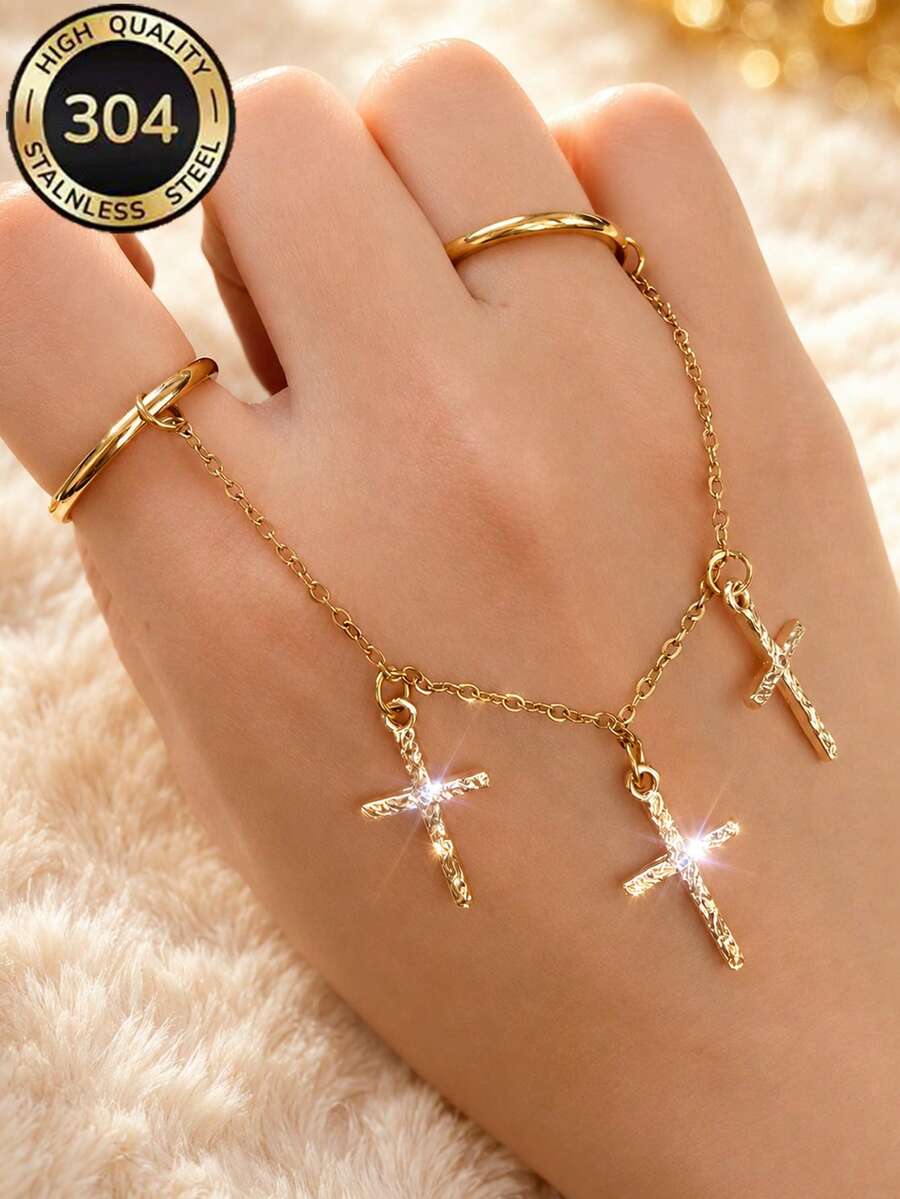 ZCNC 304 Stainless Steel 18K Gold Plated Cross Chain Ring Set, Women's Style, Minimalist Luxury Plain Band Ring Set, Hypoallergenic, Fashion Jewelry, Perfect Christmas Gift, Travel & Vacation Accessory