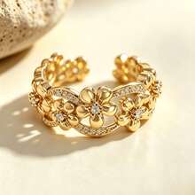 French Vintage Zirconia Inlaid 18K Gold Plated Sparkling Hollow Floral Open Ring For Women - Gold - View 1