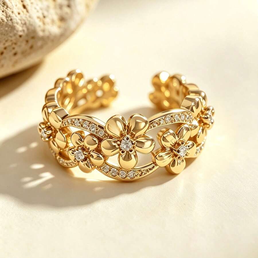 French Vintage Zirconia Inlaid 18K Gold Plated Sparkling Hollow Floral Open Ring For Women - Gold - View 1