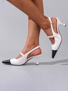 Women's Black And White Colorblock Pointed Toe Slingback Sandals, Thin Heel, Buckle, Elegant Commute Closed-Toe High Heels - Black and White - View 4