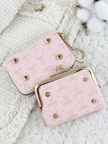 With A Chain Keychain, Fashionable Bow Print Zipper Credit Card Storage Bag With Multiple Compartments, Suitable For Travel - Pink - View 5