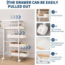 Danolapsi 5-Tier Slim Rolling Storage Cart, Wooden Top Narrow Kitchen Carts On Wheels With Pull-Out Baskets, Mobile Shelving Unit Organizer For Kitchen, Bathroom, Laundry Room, Small Spaces - White- 8.1" W - View 4