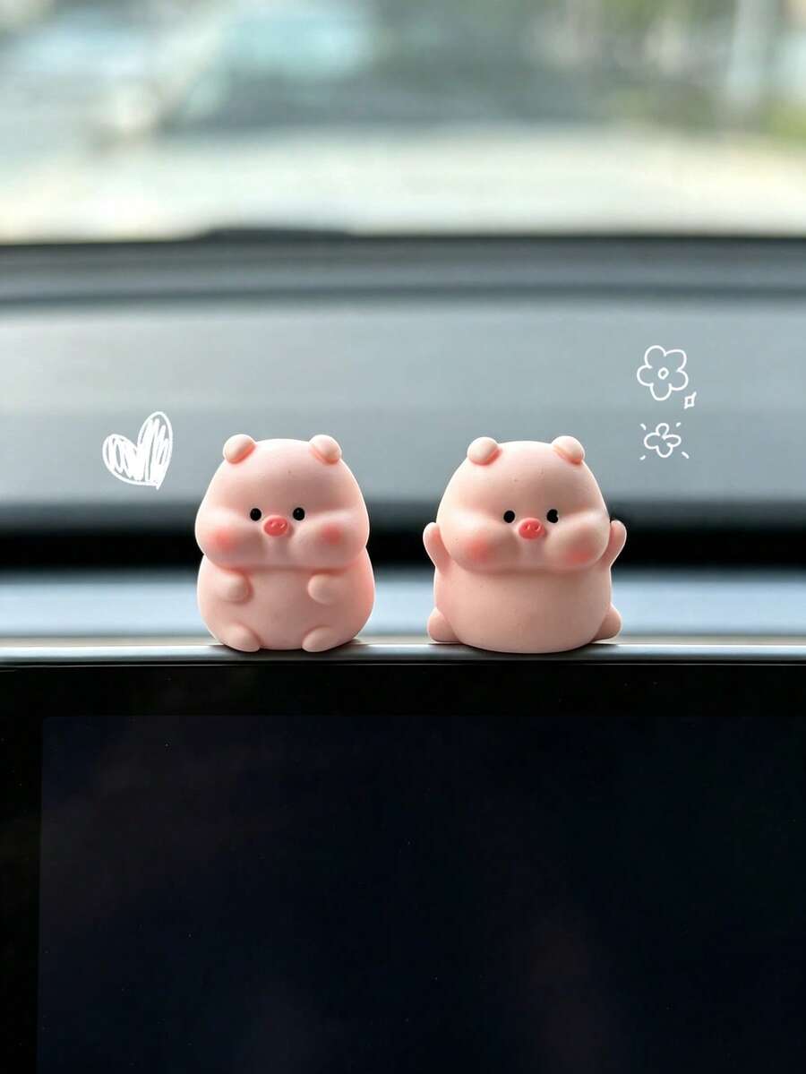 2件裝可愛小豬汽車儀表板裝飾擺件,適合女性的可愛汽車內飾裝飾,桌面擺飾 - A - 查看 1
