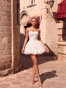 White Woven Embroidered Backless Lace-Up Mini Homecoming Party Dress Wedding - White - View 3