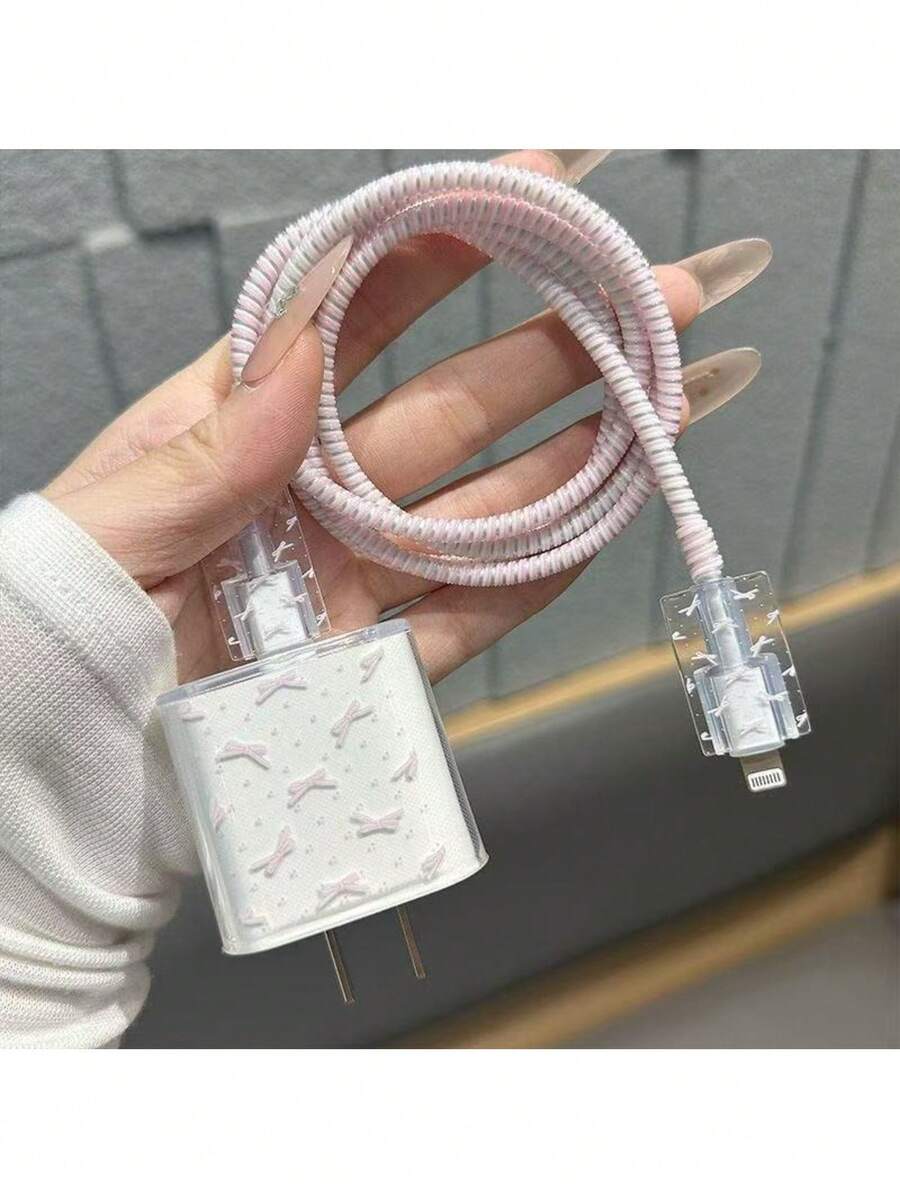 1 Set INS Small Bow Data Cable Protector Kit, Transparent Soft Shell Anti-Pull Wear-Resistant, Sweet Girly Style Protective Cover Compatible With Apple PD18W/20W Original Charger, Sweet Niche Gift, Fresh Gentle Digital Accessory - Delicate Little Bow - View 1