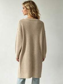 Plus Size Khaki V-Neck Button Sweater Dress, Long Sleeve Plus Size Knit Tunic With Ribbed Hem For Fall Winter Casual Wear - Khaki - View 6