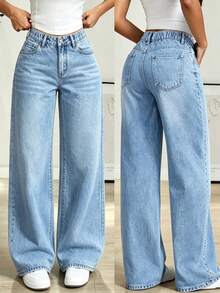 Teen Girl's Elastic Waist Design Flattering Fit Washed Wide Leg Denim Cropped, Versatile For Daily Wear - Medium Wash - View 3