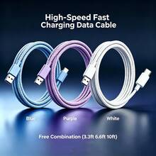 3pcs Fast Charging USB-A To USB-C Data Cable, Braided Nylon Durable Phone Charging Cable, Multiple Lengths Available 3ft 6ft 10ft, Compatible With Samsung, And Other Android Phones, Fits And Android Devices, Suitable For Car Accessories/Travel Essentials/Desktop Accessories/Blue - Blue + Purple + White - View 2