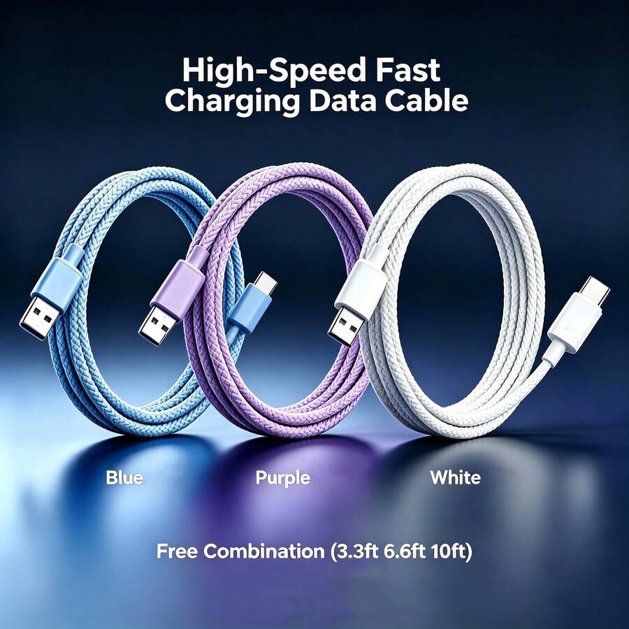 3pcs Fast Charging USB-A To USB-C Data Cable, Braided Nylon Durable Phone Charging Cable, Multiple Lengths Available 3ft 6ft 10ft, Compatible With Samsung, And Other Android Phones, Fits And Android Devices, Suitable For Car Accessories/Travel Essentials/Desktop Accessories/Blue