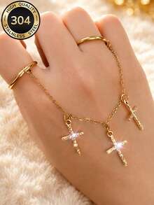 ZCNC 304 Stainless Steel 18K Gold Plated Cross Chain Ring Set, Women's Style, Minimalist Luxury Plain Band Ring Set, Hypoallergenic, Fashion Jewelry, Perfect Christmas Gift, Travel & Vacation Accessory - Gold - View 9