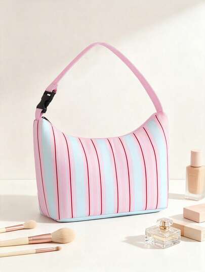 1pc New European & American Style One Shoulder Bag, Minimalist Versatile Work Bag, Vintage Stain-Resistant Makeup Bag, Large Capacity Toiletry Storage Bag, Striped Pattern Portable Handbag, Daily Storage Bag; Portable Daily Travel Toiletry Bag, Can Store Lipstick, Phone, Coin Purse, Nail Polish, Keys, Zipper Handheld Storage Bag, Essential For Travel, Beach Or Summer Vacation; Ideal Gift For Friends And Family, Must-Have For Back To School Season