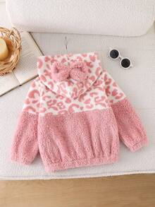 Jaket Fleece Motif Leopard Pink untuk Anak Perempuan, Mantel Plush Berkerudung dengan Resleting dan Detail Pita - Coral Pink - View 2
