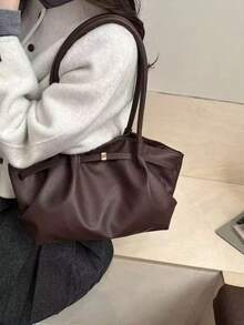 Korean Style Pleated Underarm Bag New Large Capacity Commuter Tote Bag Personalized Ins Solid Color Shoulder Bag For Women - Coffee Brown - View 6