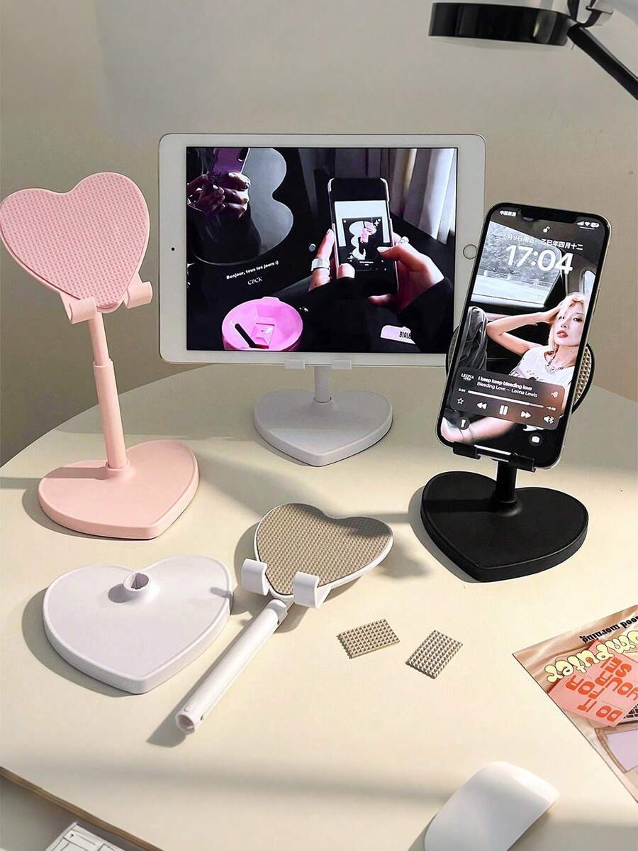 1pc Heart-Shaped Phone Stand, Adjustable Telescopic Multi-Function Stand, Suitable For Desktop, Ideal For Lazy Movie/Live Streaming In Dormitory, Gift For Women, Plastic Material