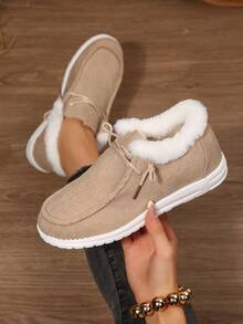 Women Corduroy Fleece Lined Ankle Boots, Warm Slip On Winter Casual Snow Booties With Plush Collar - Khaki - View 2