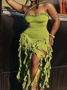 Vestido casual sexy con espalda abierta de ganchillo en talla grande, perfecto para vacaciones - Verde - Ver 5