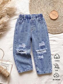 Girls Y2K Distressed Frayed Ripped Baggy Denim Pants, Elastic Waist Acid Wash Wide Leg Young Girl Jeans - Medium Wash - View 2