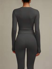 Casual Solid Color Long Sleeve Round Neck T-Shirt, Versatile For Spring & Autumn - Dark Grey - View 2