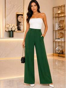 Women's Wide Leg Pants With Zipper And Button In Duna Fabric - Army Green - View 1