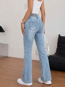 Women's Single-Breasted Slim-Fit Stretch Denim Flared Trousers Casual Spring - Light Wash - View 4
