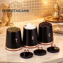 Myrothcane 3Pcs Elegant Matte Black Rose Gold Trim Airtight Storage Canister Set, Coffee Tea Sugar Sealed Jars, Metal Food Containers With Lid, Modern Kitchen Countertop Organizer - Gold - View 3