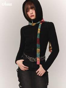 CHUU Fleece Hooded Casual Y2K Sweet Cool Long Sleeve Autumn/Winter Sweatshirt Knit Sweatshirt, Inner Layer Or Outer Wear - Black - View 5