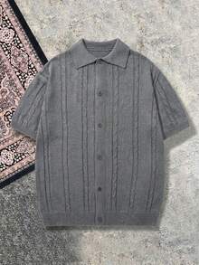 Men's Unisex POLO Collar Knit Cardigan, Casual Vacation Business Commute Ribbed Cable Solid Color Minimalist Short Sleeve Knit Top, POLO Collar Button-Up Knit Cardigan - Grey - View 3