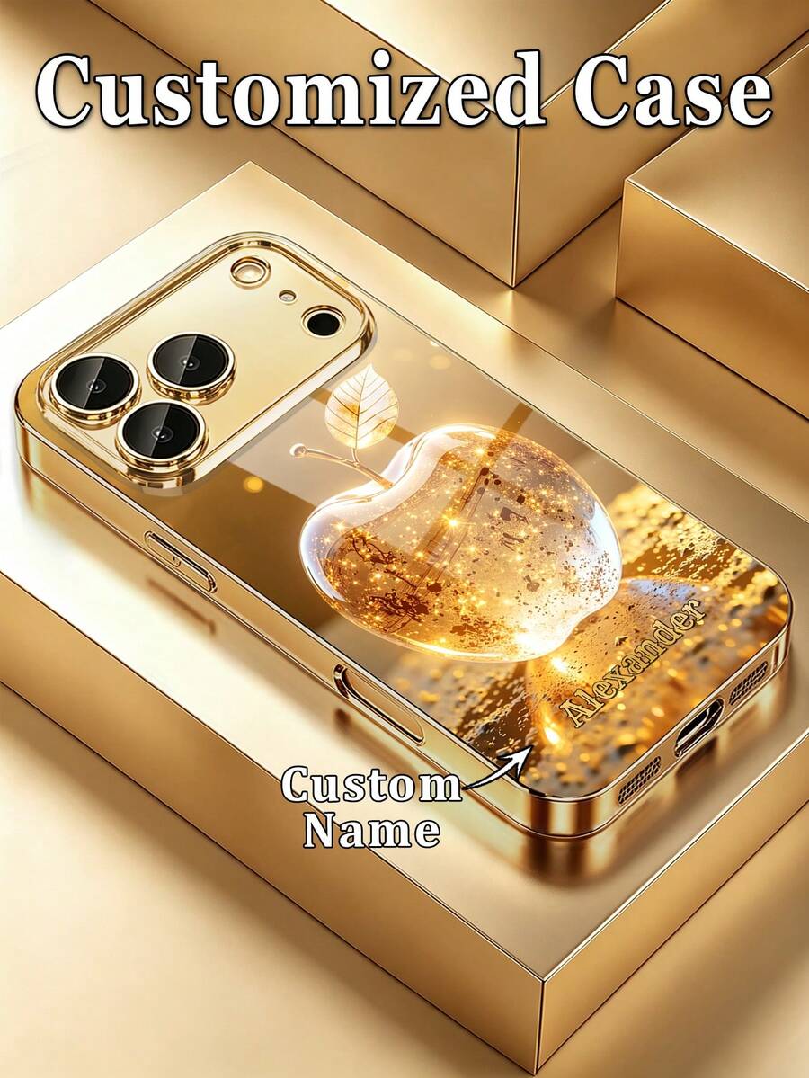 1件 DIY 定製姓名手機殼，金色亮片 Apple 奢華風印花圖案，高畫質電鍍金玻璃手機殼，適用於 iPhone 17/17Pro/17ProMax/17Air/16/16Pro/16ProMax/16Plus/15/15Plus/15Pro/15Promax/14/14Pro/14Promax/13/12/11/XRMax/8/7/6Plus 手機配件