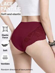 MIOTAN 3pcs Women's High Waist Tummy Control Panties, Lace Patchwork, Jacquard Pattern, Soft Comfortable, Breathable - Multicolor - View 3