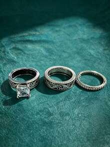 3pcs Women's Ring Set, Silver Copper, Square Carved Stackable CZ Inlaid, Vintage Elegant Rings, Daily Commute Holiday Gift - Silver - View 6