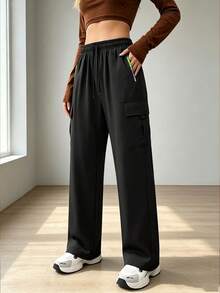 Women's Spring/Autumn Lightweight Cargo Pants, Featuring Drawstring Waist And Zipper Pockets Design. Simple Solid Color Style, Perfect For Outdoor Activities And Daily Wear. - Black - View 1