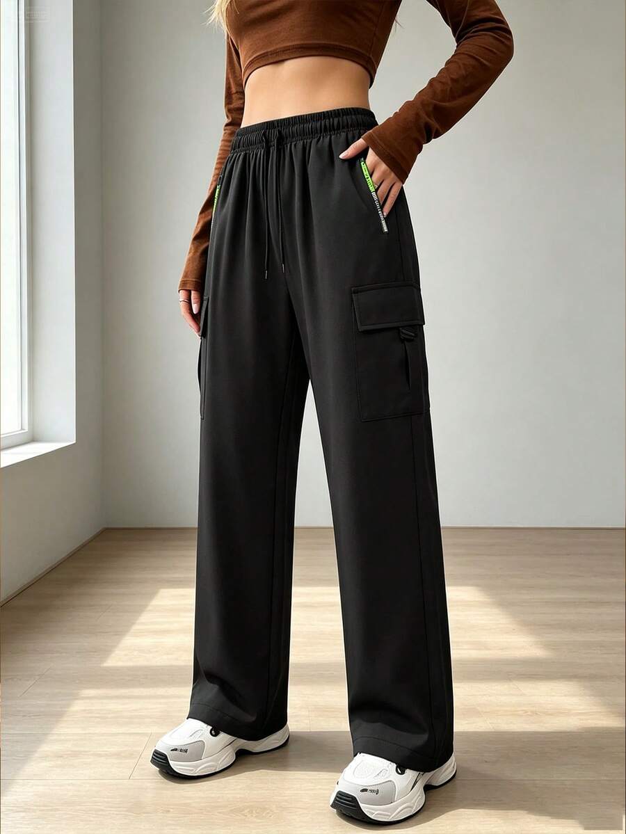 Women's Spring/Autumn Lightweight Cargo Pants, Featuring Drawstring Waist And Zipper Pockets Design. Simple Solid Color Style, Perfect For Outdoor Activities And Daily Wear. - Black - View 1